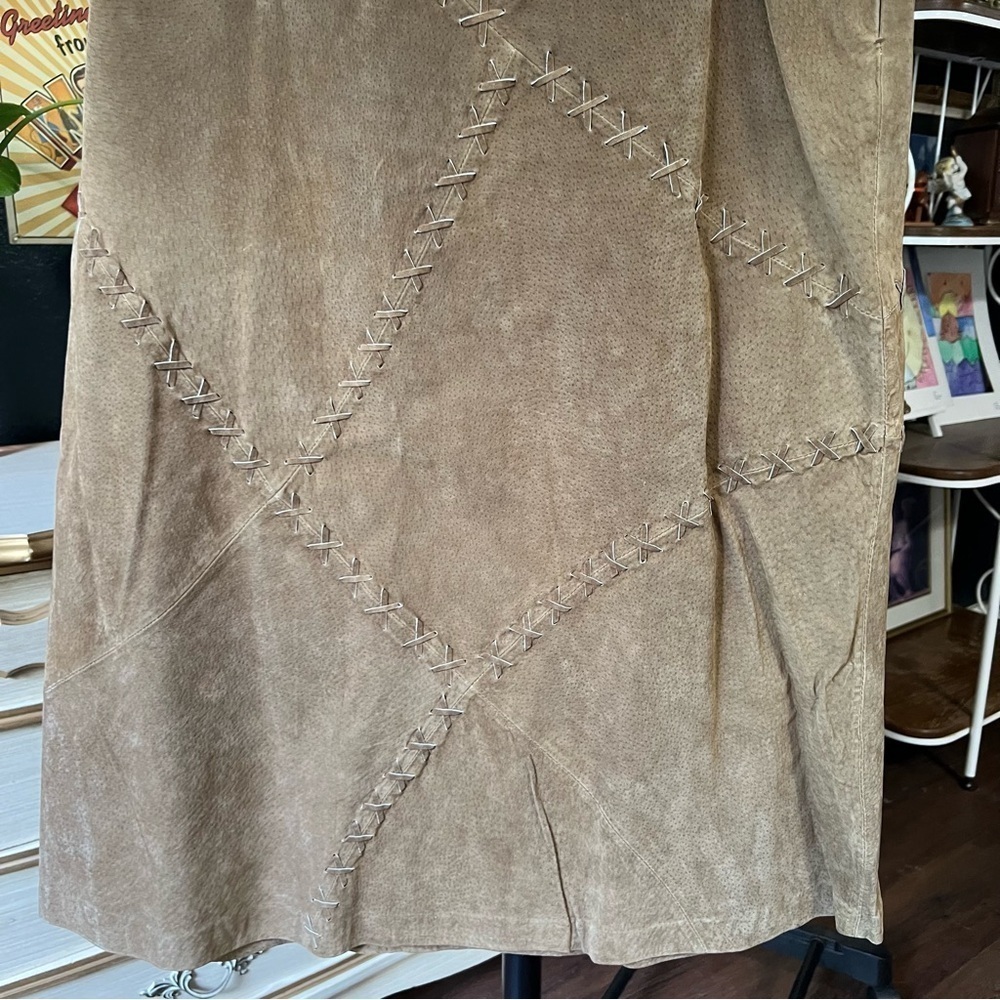 Vintage Faded Glory Asymmetrical Brown Suede Leather Skirt Patchwork Size 14 - Picture 3 of 6